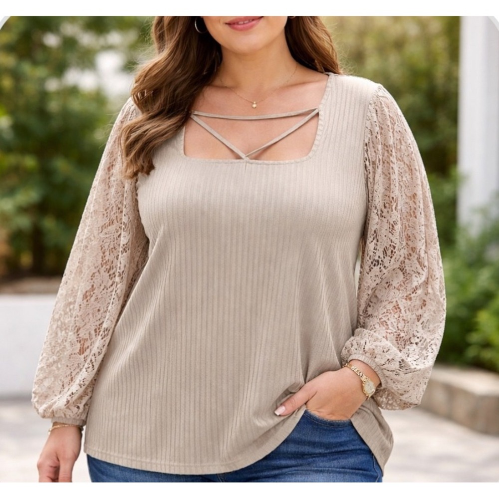 Cato Plus 22/24W Beige Ribbed Top‎ Lace Balloon Sleeves Square Neck Crisscross